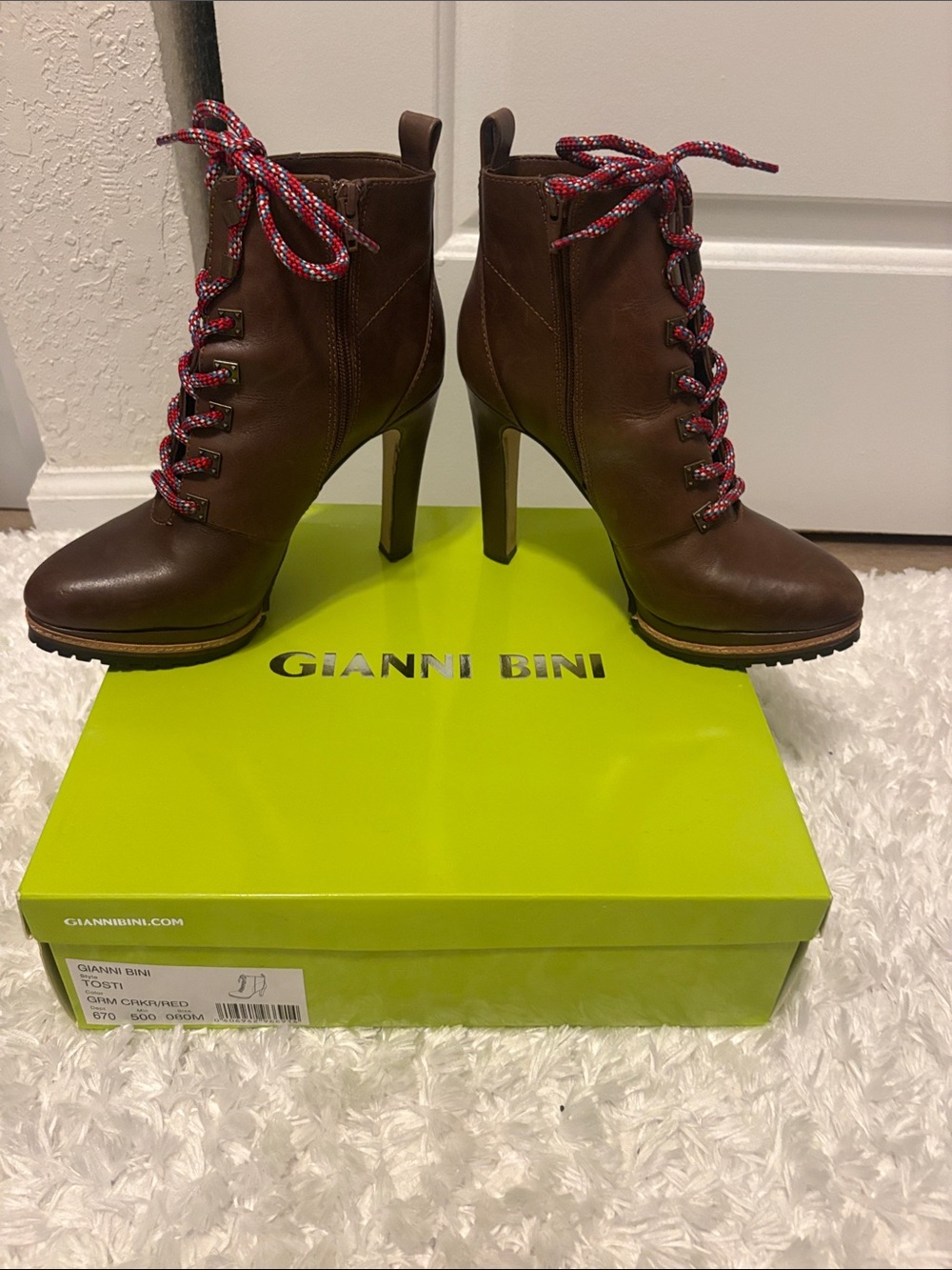 Gianni Bini Brown Leather Lace-Up High-Heel Ankle Boots with Red Accent Laces